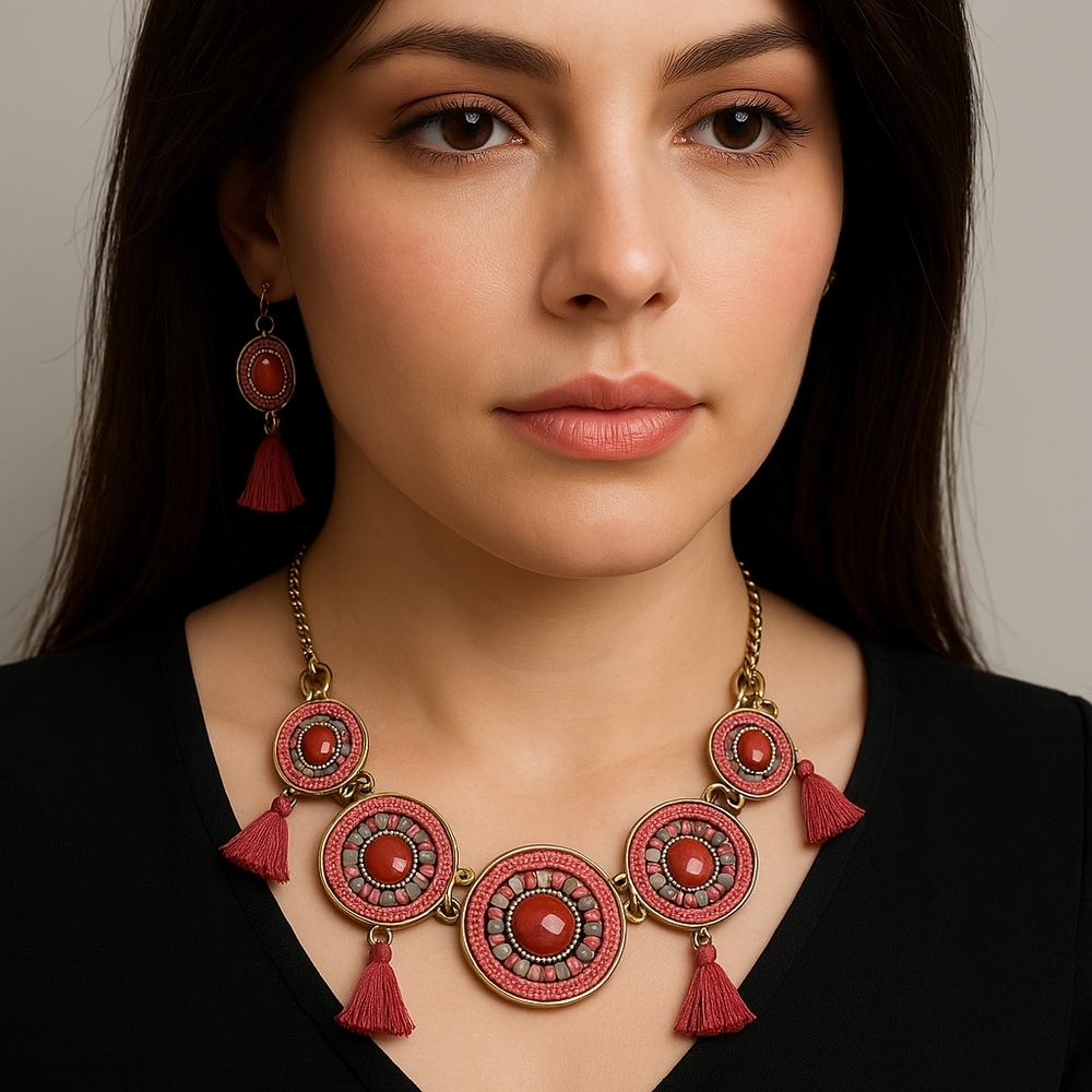 Women’s Gold-Tone Oval Pendant Necklace – Burgundy, Gray Stones & Pom-Pom Accent